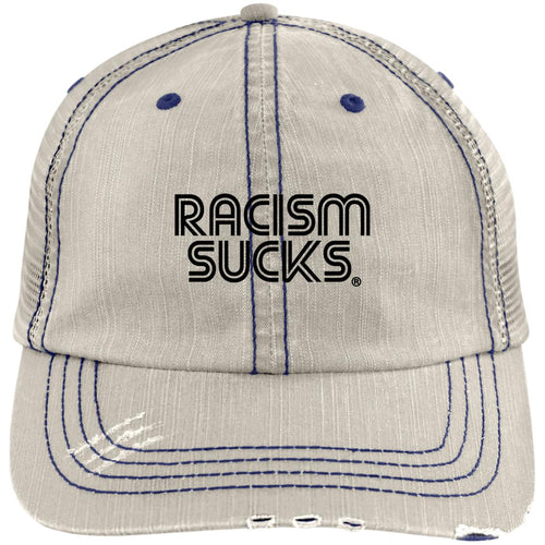 Racism Sucks Distressed Unstructured Trucker Cap - Stone/Navy
